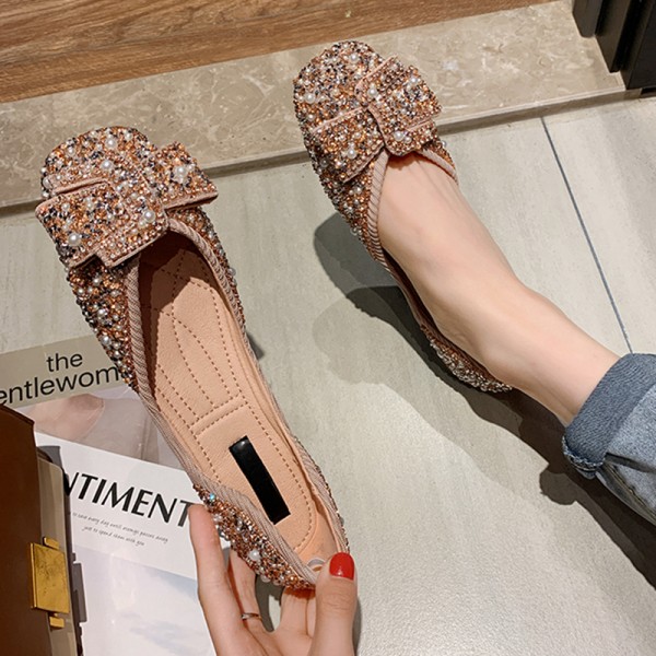 Women Fashion Elegant Pearl Rhinestone Decorative Square Toe Flat Loafers