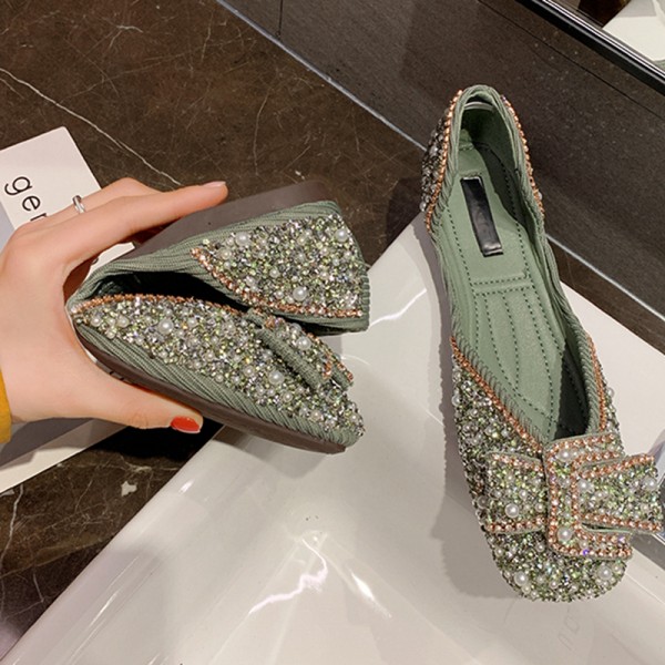 Women Fashion Elegant Pearl Rhinestone Decorative Square Toe Flat Loafers