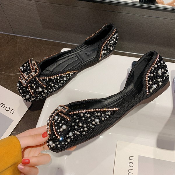 Women Fashion Elegant Pearl Rhinestone Decorative Square Toe Flat Loafers