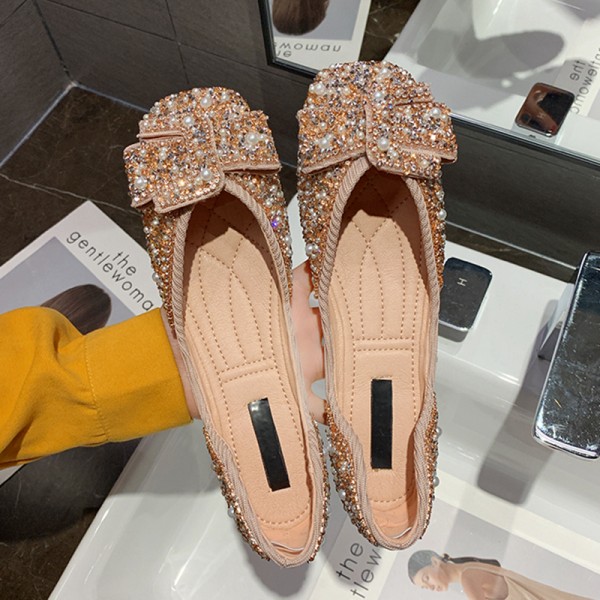 Women Fashion Elegant Pearl Rhinestone Decorative Square Toe Flat Loafers