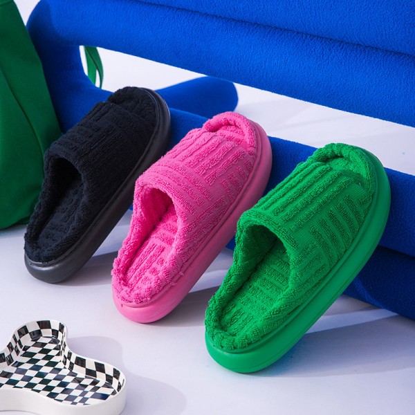 Women Fashion Towel Face Thick Bottom Open Solid Color Flip Flops Home Slippers