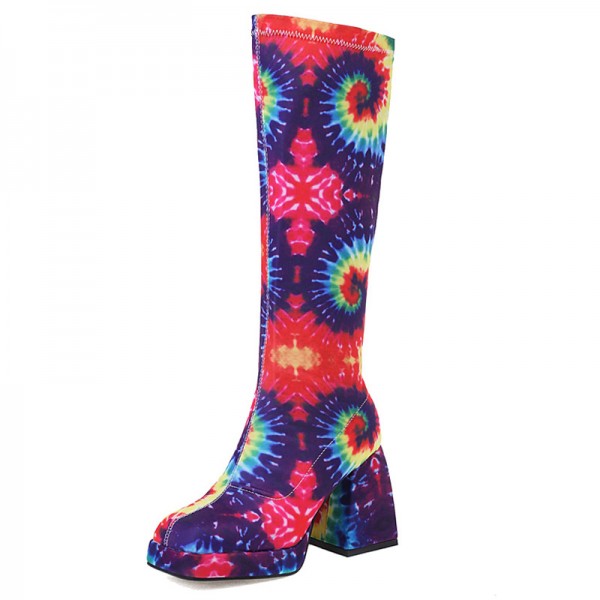 Women'S Fashion Plus Size Square Toe Chunky Heel Printed High Boots