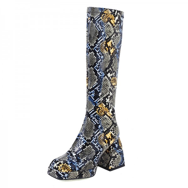 Women'S Fashion Plus Size Square Toe Chunky Heel Printed High Boots