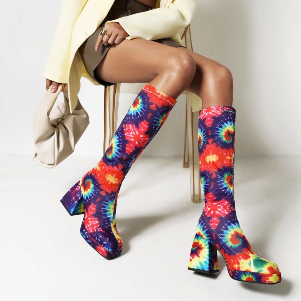 Women'S Fashion Plus Size Square Toe Chunky Heel Printed High Boots