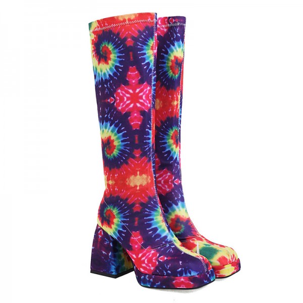 Women'S Fashion Plus Size Square Toe Chunky Heel Printed High Boots