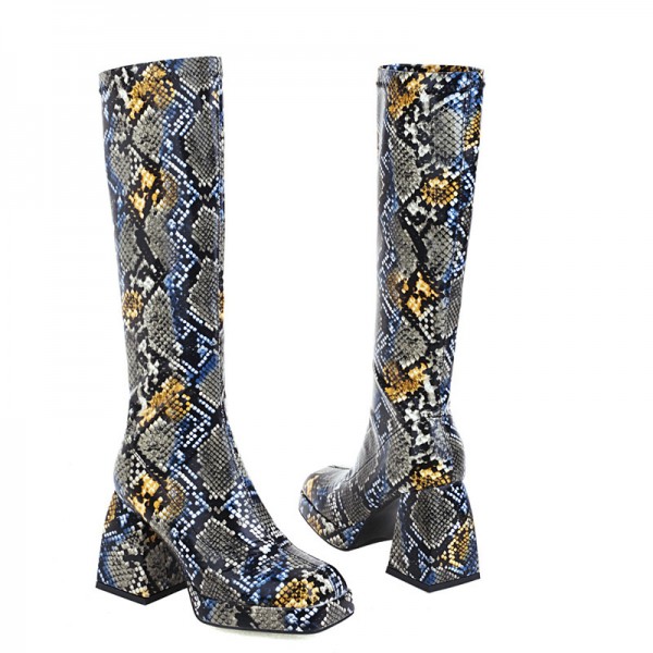 Women'S Fashion Plus Size Square Toe Chunky Heel Printed High Boots