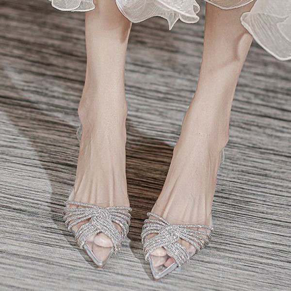 Women Fashion Pointed Toe Sexy Transparent Rhinestone Braided Stiletto Sandals Large Size