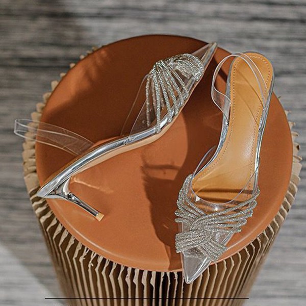 Women Fashion Pointed Toe Sexy Transparent Rhinestone Braided Stiletto Sandals Large Size