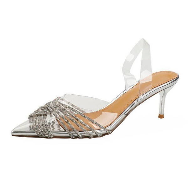 Women Fashion Pointed Toe Sexy Transparent Rhinestone Braided Stiletto Sandals Large Size