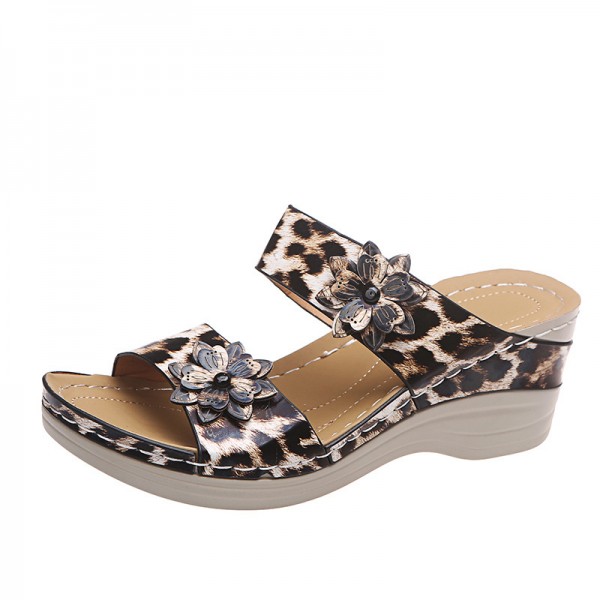 Plus Size Women Fashion Round Toe Leopard Snake Floral High Heel Slippers