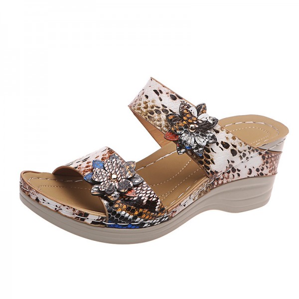 Plus Size Women Fashion Round Toe Leopard Snake Floral High Heel Slippers