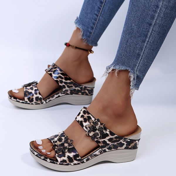 Plus Size Women Fashion Round Toe Leopard Snake Floral High Heel Slippers