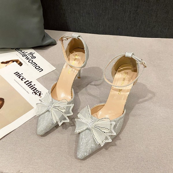 Plus Size Women Fashion Rhinestone Bow Stiletto Pointed Toe High Heel Sandals