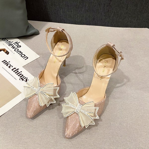 Plus Size Women Fashion Rhinestone Bow Stiletto Pointed Toe High Heel Sandals