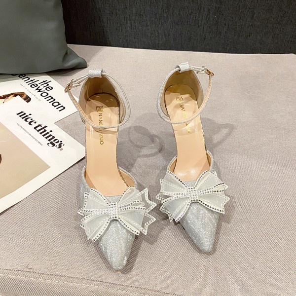 Plus Size Women Fashion Rhinestone Bow Stiletto Pointed Toe High Heel Sandals