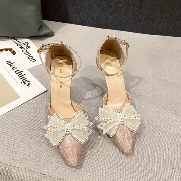 Plus Size Women Fashion Rhinestone Bow Stiletto Pointed Toe High Heel Sandals