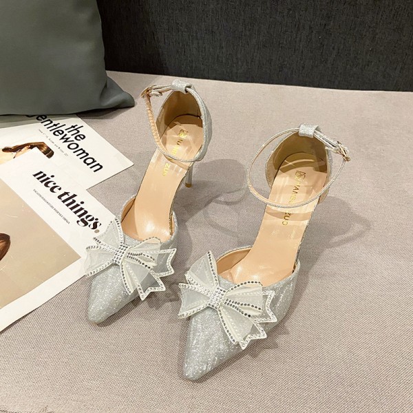 Plus Size Women Fashion Rhinestone Bow Stiletto Pointed Toe High Heel Sandals
