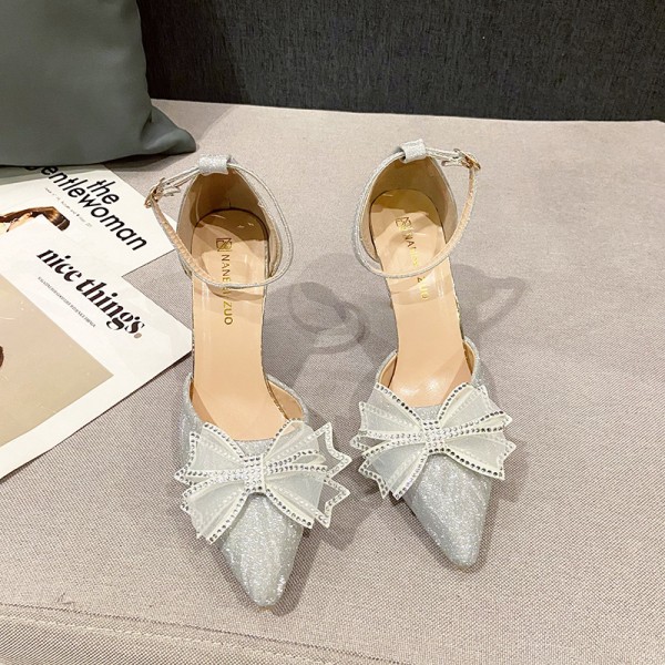 Plus Size Women Fashion Rhinestone Bow Stiletto Pointed Toe High Heel Sandals
