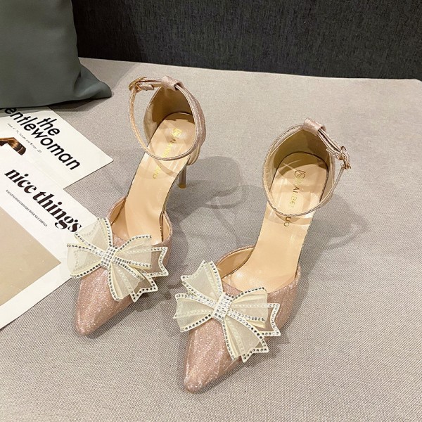 Plus Size Women Fashion Rhinestone Bow Stiletto Pointed Toe High Heel Sandals