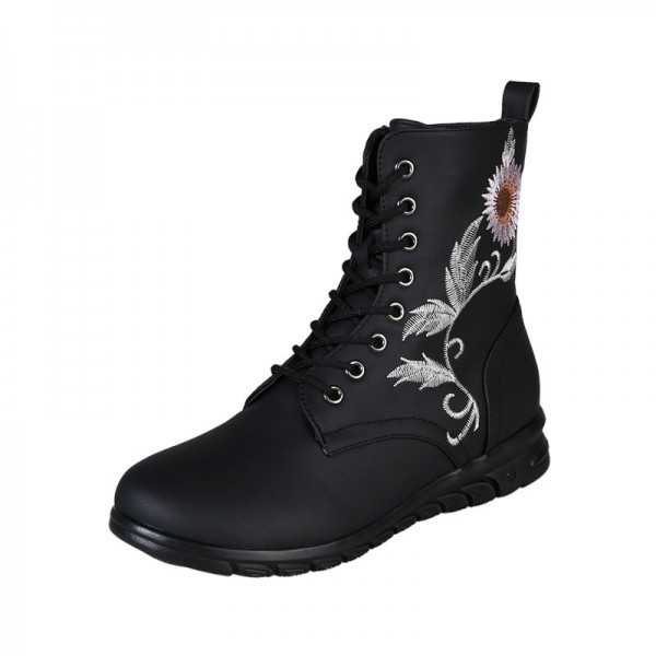 Plus Size Women Fashion Retro Round Toe Flat Low Heel Lace Up Short Boots