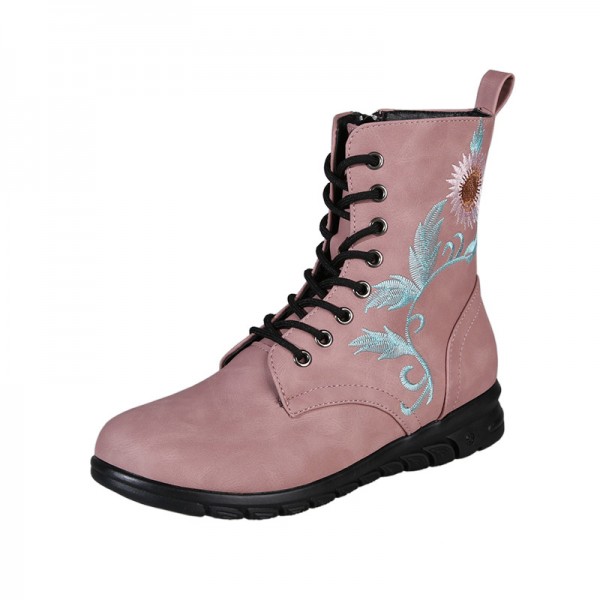 Plus Size Women Fashion Retro Round Toe Flat Low Heel Lace Up Short Boots