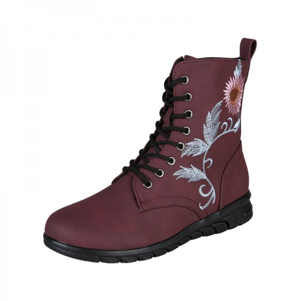 Plus Size Women Fashion Retro Round Toe Flat Low Heel Lace Up Short Boots