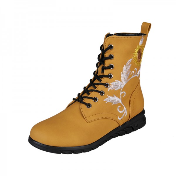 Plus Size Women Fashion Retro Round Toe Flat Low Heel Lace Up Short Boots