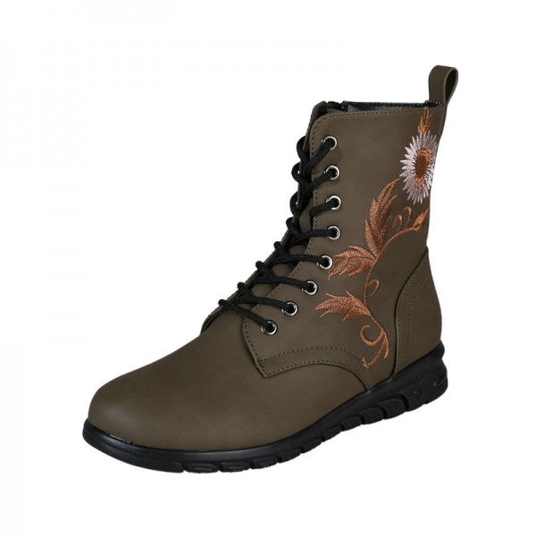 Plus Size Women Fashion Retro Round Toe Flat Low Heel Lace Up Short Boots