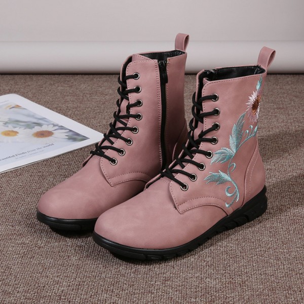 Plus Size Women Fashion Retro Round Toe Flat Low Heel Lace Up Short Boots