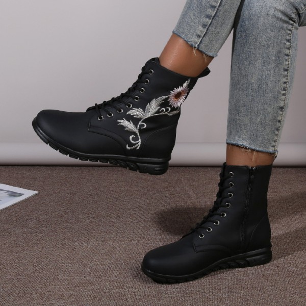 Plus Size Women Fashion Retro Round Toe Flat Low Heel Lace Up Short Boots