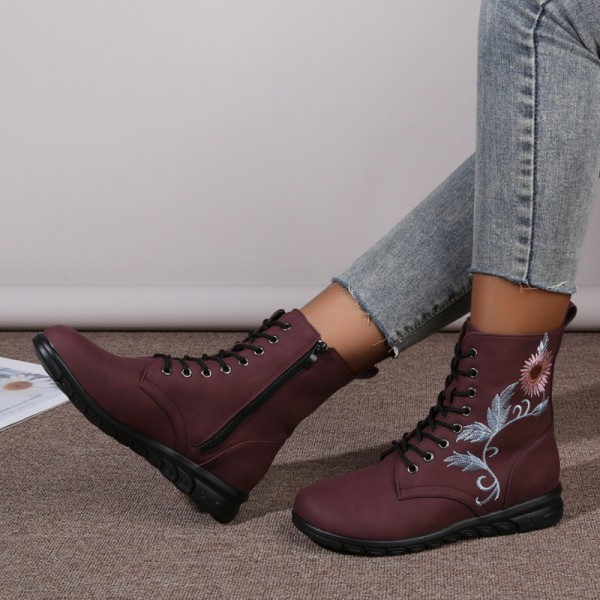 Plus Size Women Fashion Retro Round Toe Flat Low Heel Lace Up Short Boots