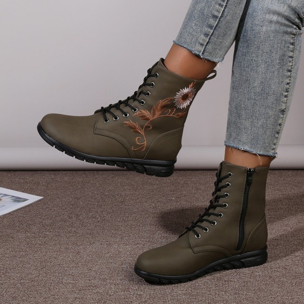 Plus Size Women Fashion Retro Round Toe Flat Low Heel Lace Up Short Boots