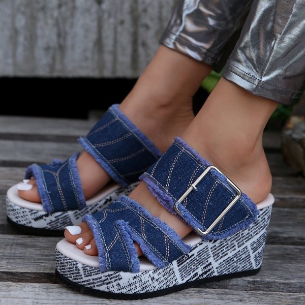 Plus Size Women Fashion Slip-On Buckle Wedge Platform Slippers With Platform Cloth