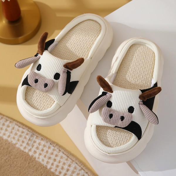 Women Fashion Cow Linen Platform Slippers