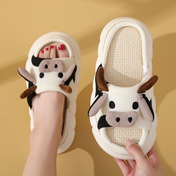 Women Fashion Cow Linen Platform Slippers
