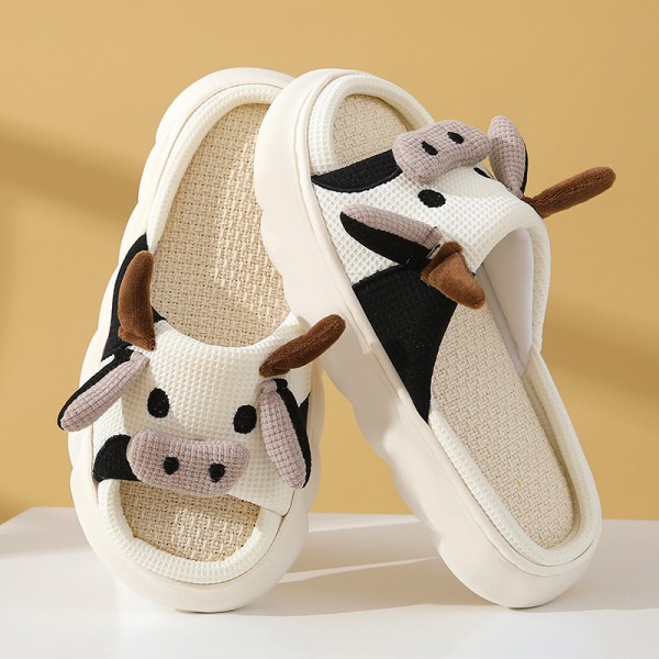 Women Fashion Cow Linen Platform Slippers