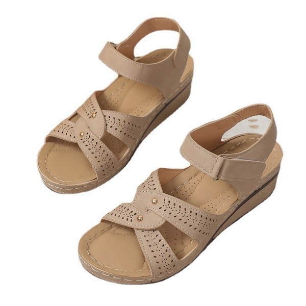 Women Fashion Casual PU Solid Color Wedge Heel Velcro Sandals