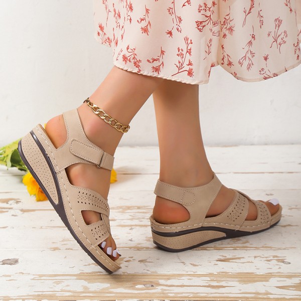Women Fashion Casual PU Solid Color Wedge Heel Velcro Sandals