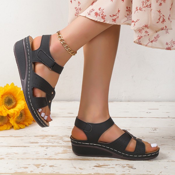 Women Fashion Casual PU Solid Color Wedge Heel Velcro Sandals