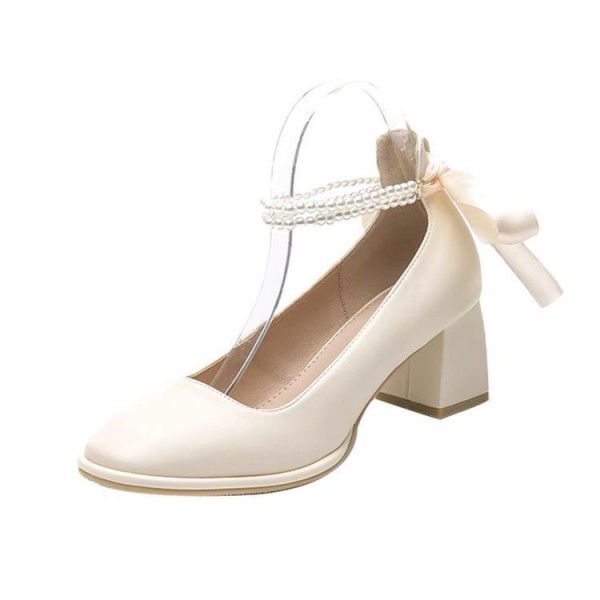 Women Fashion Solid Color Pearl Bow Thick Heel Small Leather Shoes Pumps Work Shoes