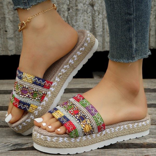 Women Fashion Plus Size Ethnic Jacquard Knit Thick-Soled Slippers