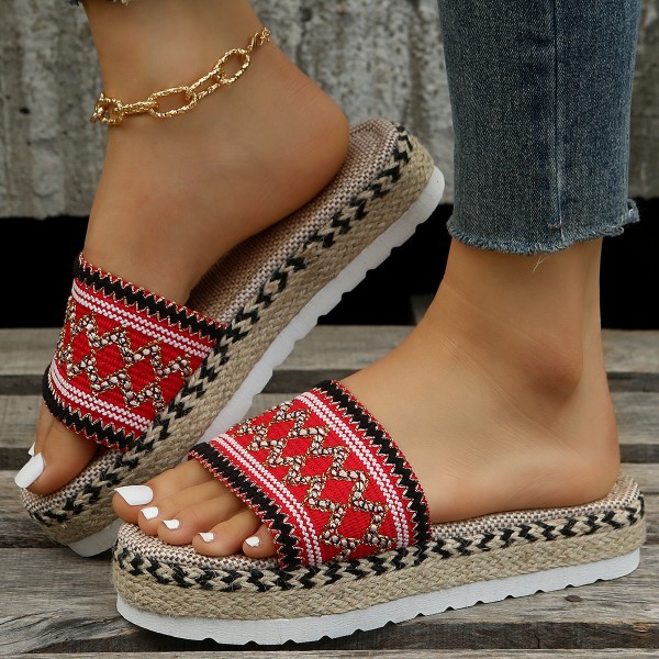 Women Fashion Plus Size Ethnic Jacquard Knit Thick-Soled Slippers