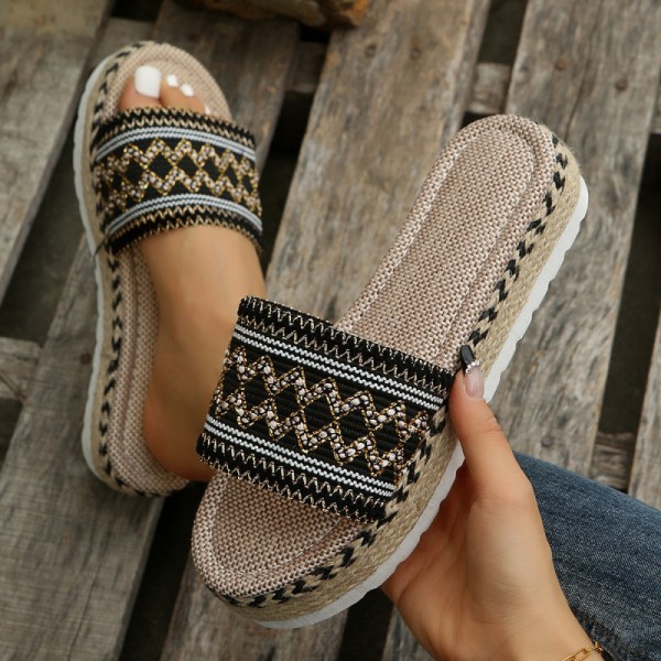 Women Fashion Plus Size Ethnic Jacquard Knit Thick-Soled Slippers