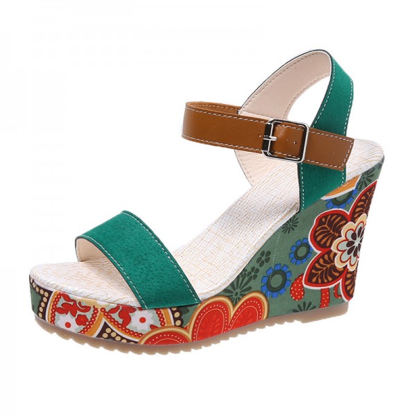 Women Fashion Plus Size Ethnic Style Thick-Soled Wedge Heel Platform Floral Printed Sandals