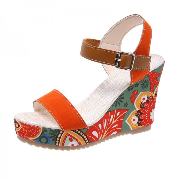 Women Fashion Plus Size Ethnic Style Thick-Soled Wedge Heel Platform Floral Printed Sandals