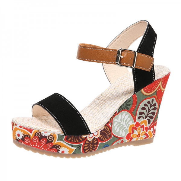 Women Fashion Plus Size Ethnic Style Thick-Soled Wedge Heel Platform Floral Printed Sandals