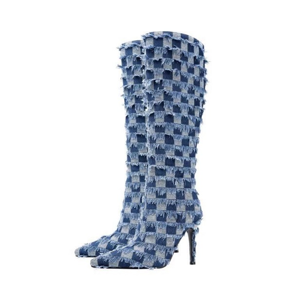 Women Fashion Plus Size Denim Blue Cloth Checker Pointed Toe Stiletto Heel High Boots