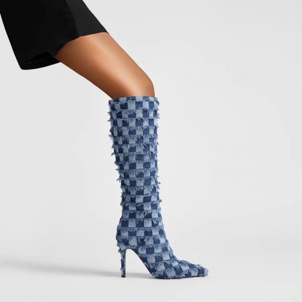 Women Fashion Plus Size Denim Blue Cloth Checker Pointed Toe Stiletto Heel High Boots