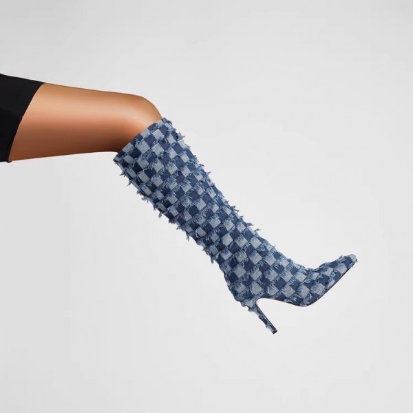 Women Fashion Plus Size Denim Blue Cloth Checker Pointed Toe Stiletto Heel High Boots