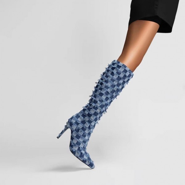 Women Fashion Plus Size Denim Blue Cloth Checker Pointed Toe Stiletto Heel High Boots